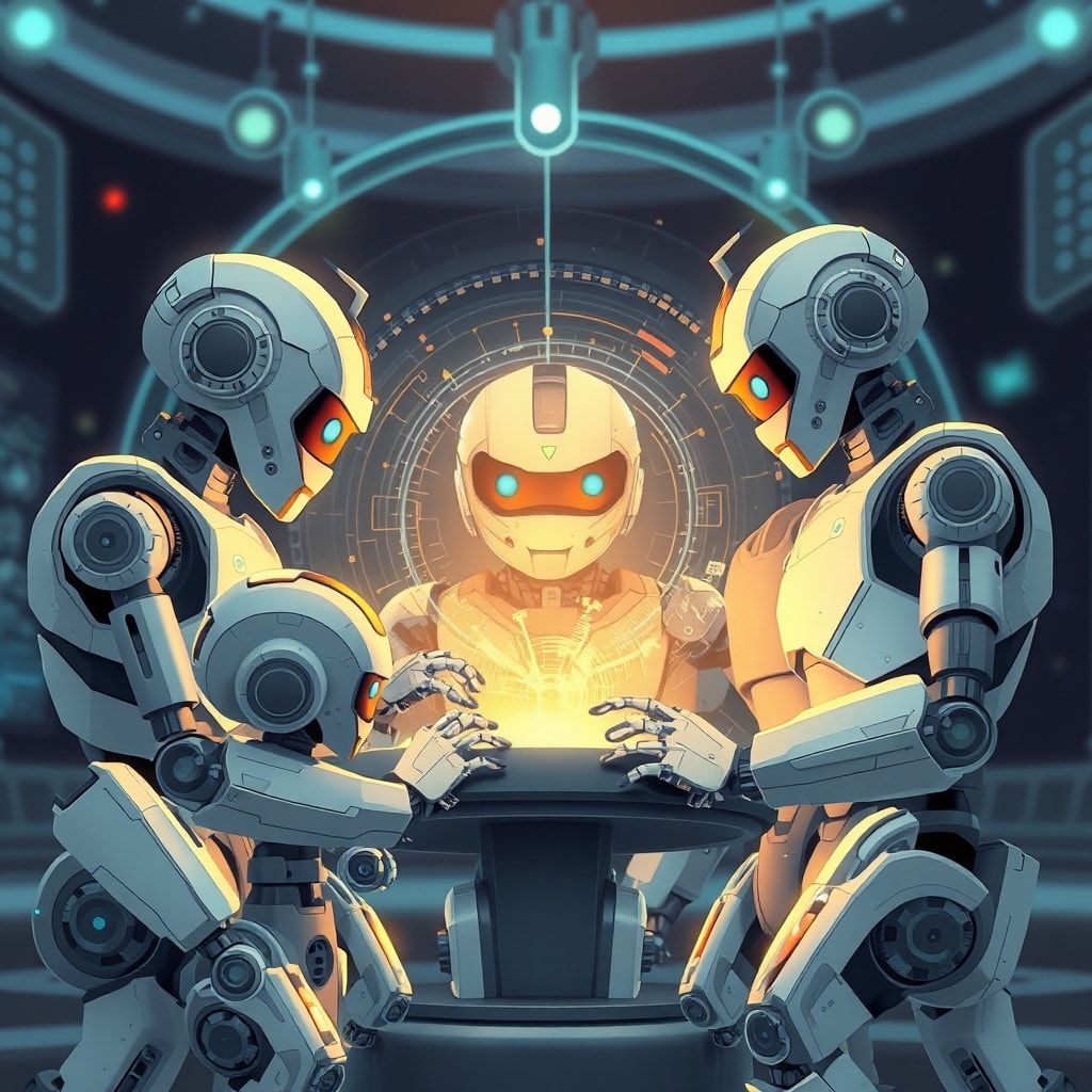 Animated robots analyzing data patterns together