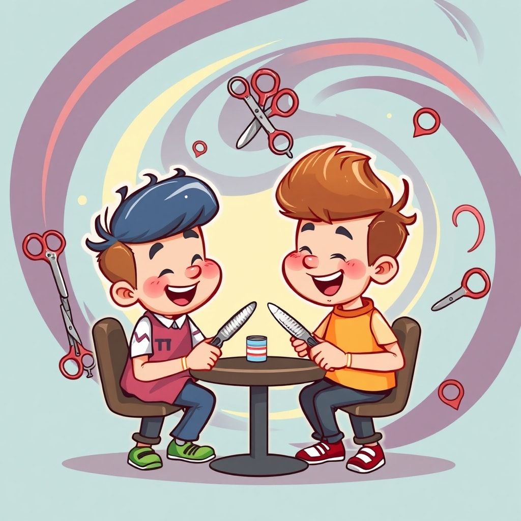 Colorful cartoon barbers with scissors and clippers collaborating