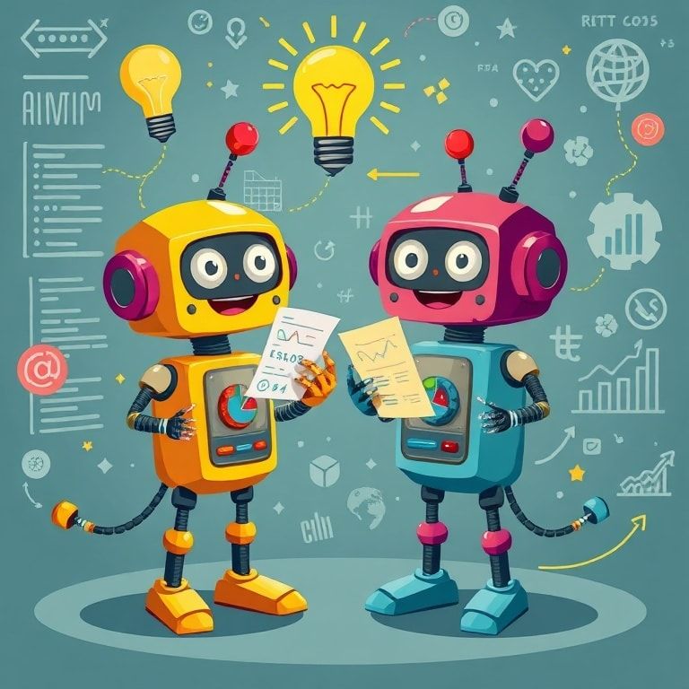 Colorful cartoon robots sharing data, charts surrounded by swirling code and lightbulb moments