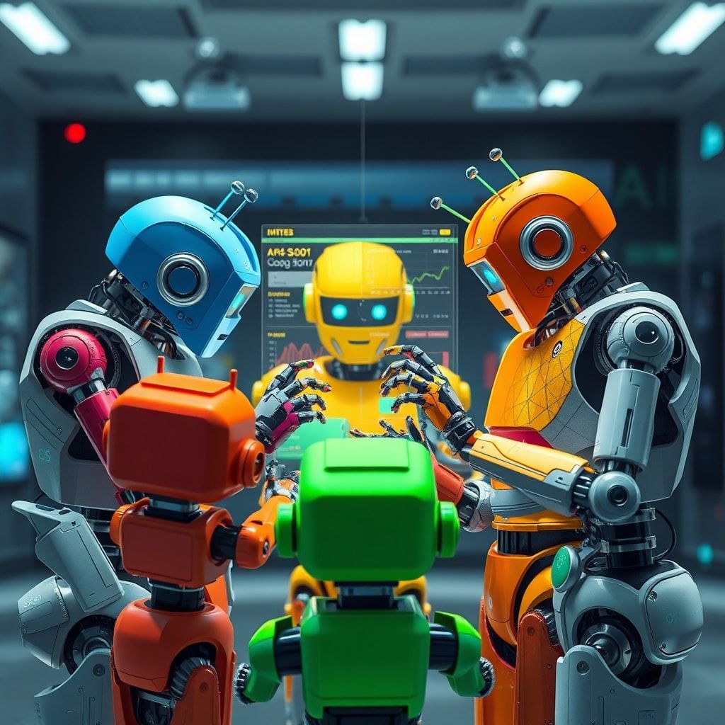 Colorful robots surround a holographic screen analyzing data together.