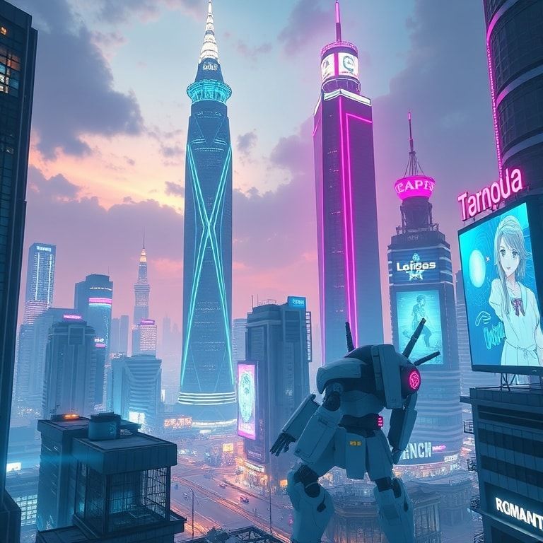 Futuristic Lagos Office with Neon Skyscrapers, Holographic Screens, and Stylized Anime Robots Amidst a Vibrant Cityscape