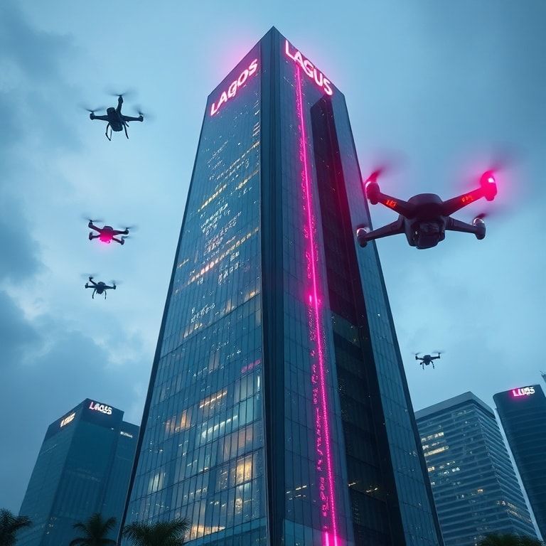A futuristic Lagos skyscraper with neon lights reflecting off glass surfaces and animated drones flying by.