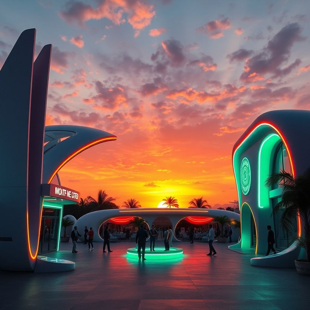 Futuristic Nigerian youth center at sunset with sleek lines neon lights and African patterns
