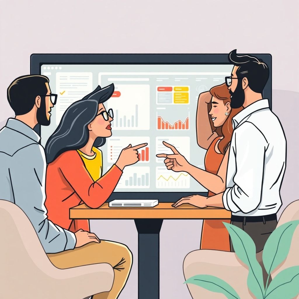 Illustration diverse team gathered around screen analyzing data together pointing and discussing