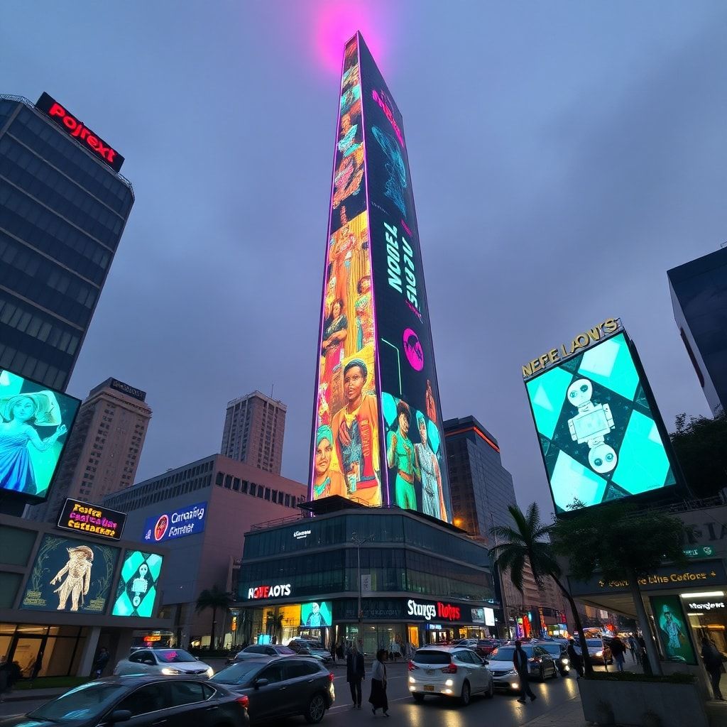 Animated Lagos skyline with holographic screens and afrofuturist robots