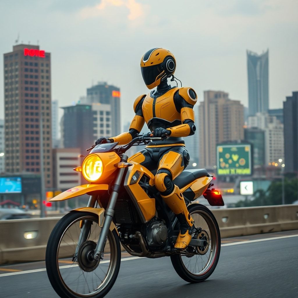 Robot riding okada coding afro futurist lagos cityscape