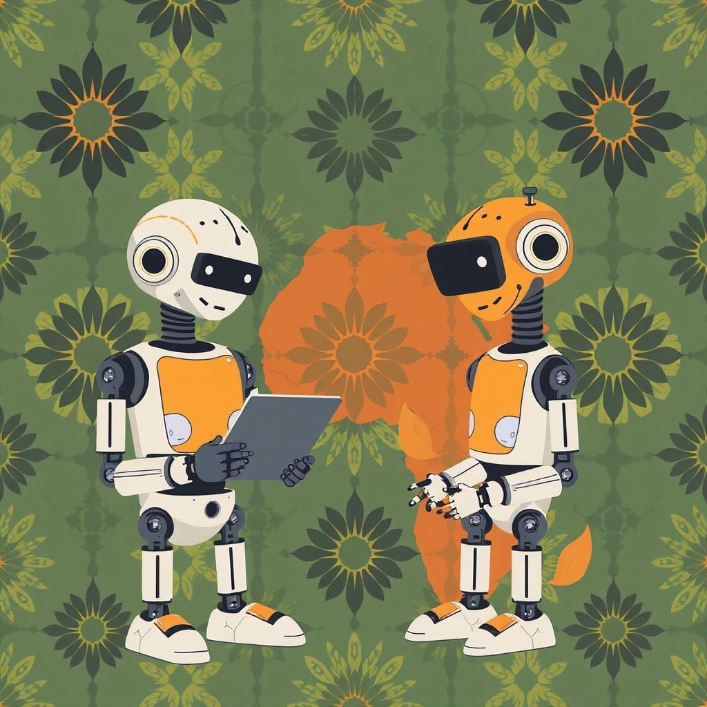 Robots and African patterns on coding, blockchain, and VR