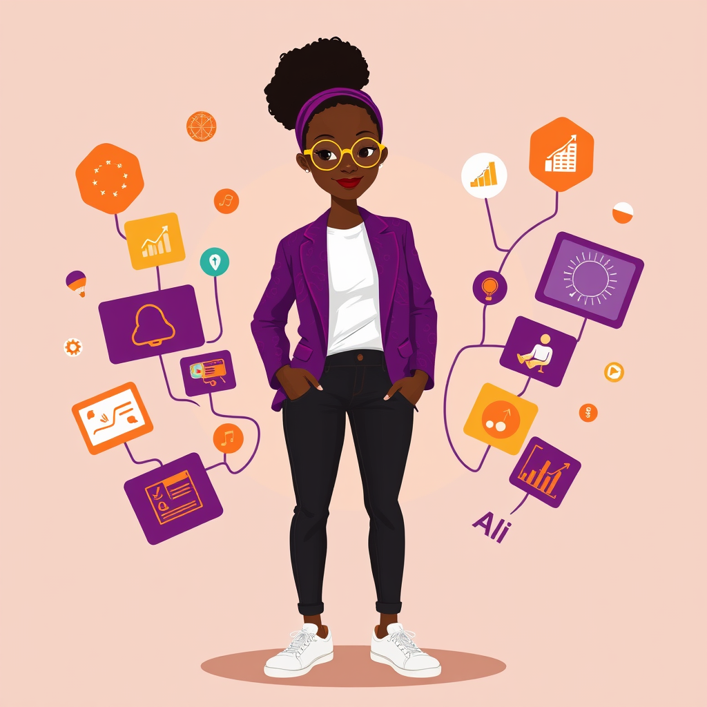 Tara Creativ standing confidently amidst floating abstract icons representing increased productivity, efficiency, and growth, all stemming from a central AI brain symbol.