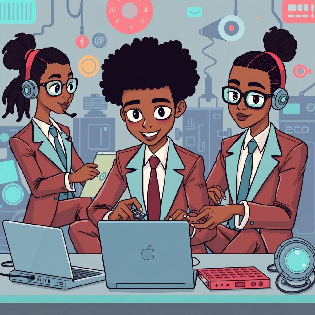 Vibrant cartoon teens in sleek suits coding on laptops surrounded by robotic gadgets afrofuturis