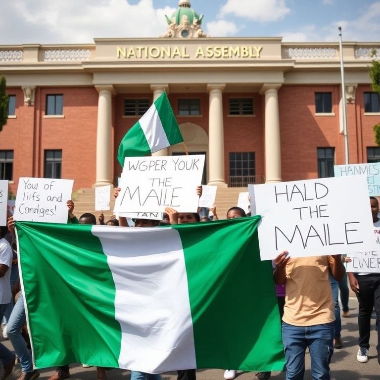 Youth holding signs marching in front of National Assembly building in Abuja with a Nigerian flag